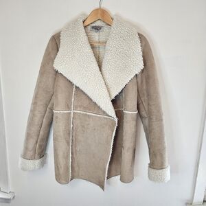Ecote Urban Outfitters Vegan Suede Sherpa Shearling Trim Coat Tan Medium Cozy